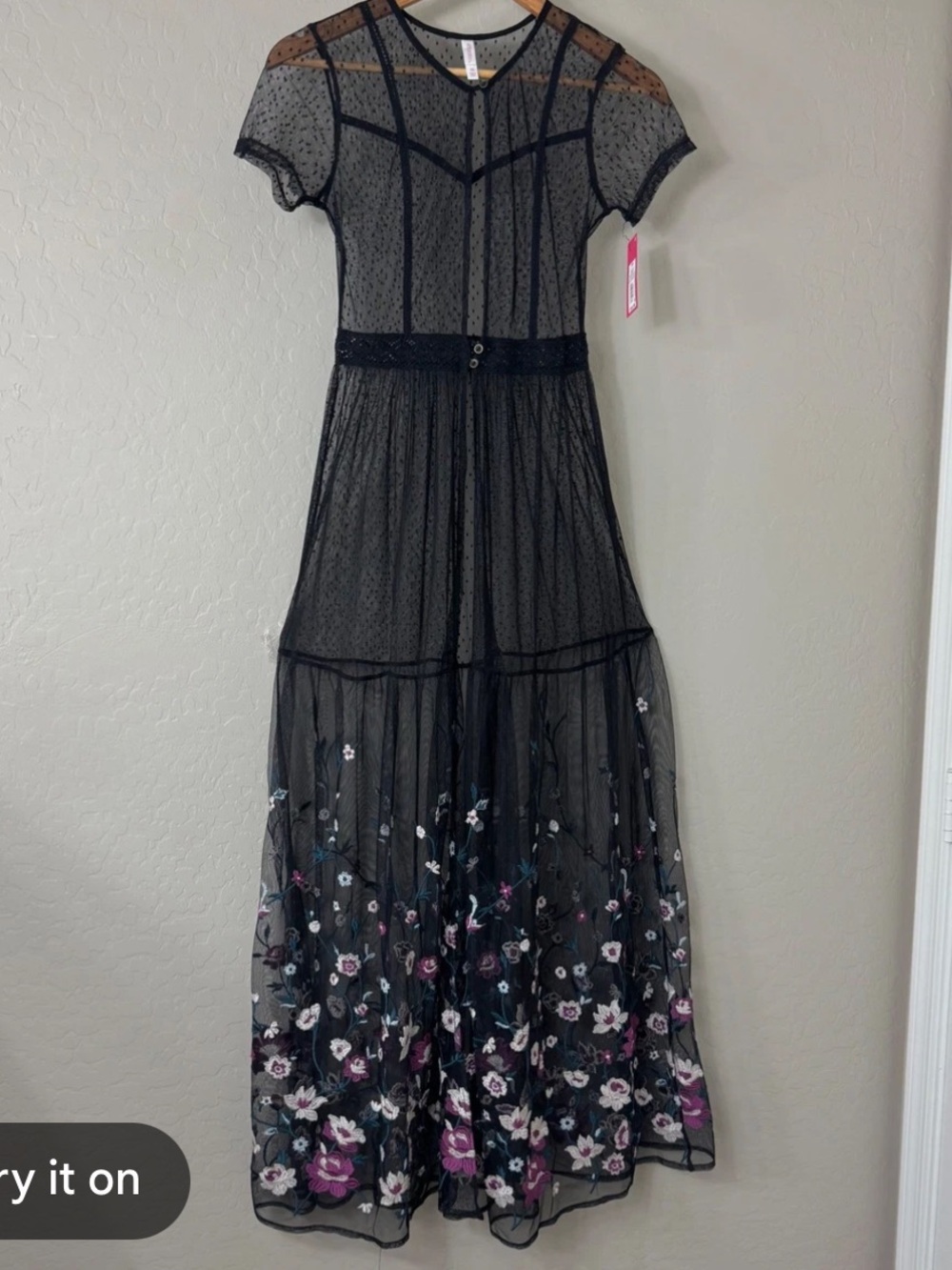 EUC Sheer Black Floral Embroidered Maxi Dress